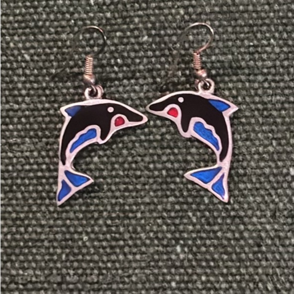 Vtg Taxco Mexico Turquoise Onyx Inlay stamped killer whale Earrings
